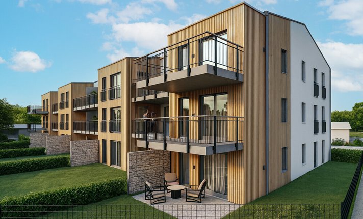 Moderne Wohnanlage mit Holz- und Putzfassade_1.1