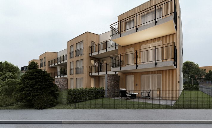 Moderne Wohnanlage mit Holz- und Putzfassade_3