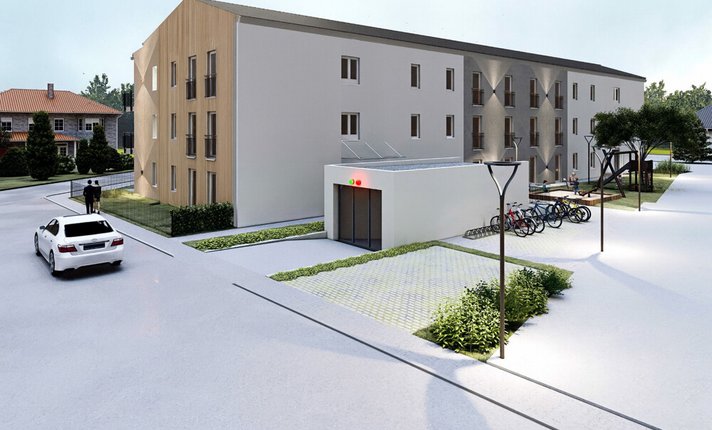 Moderne Wohnanlage mit Holz- und Putzfassade_5