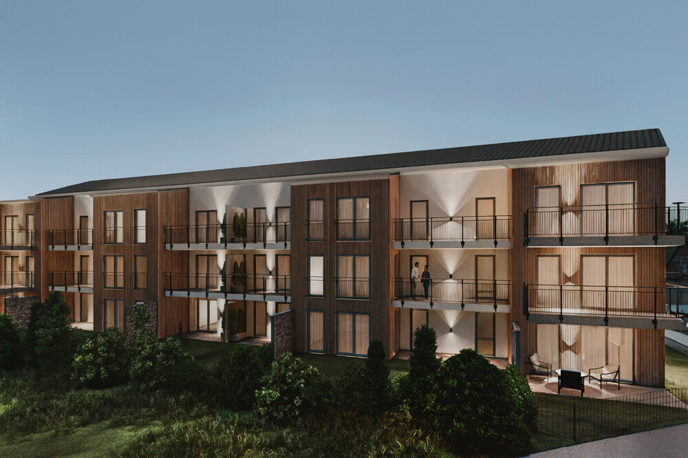 Moderne Wohnanlage mit Holz- und Putzfassade_2